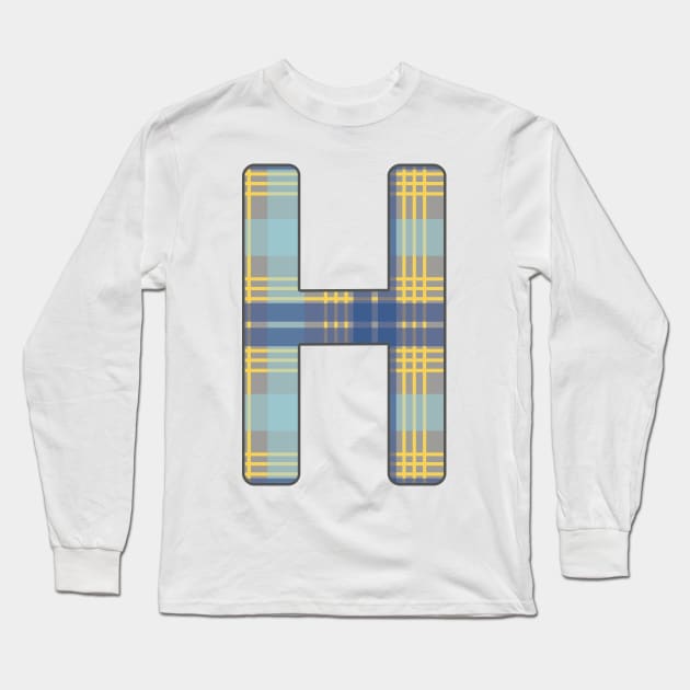 Monogram Letter H, Blue, Yellow and Grey Scottish Tartan Style Typography Design Long Sleeve T-Shirt by MacPean